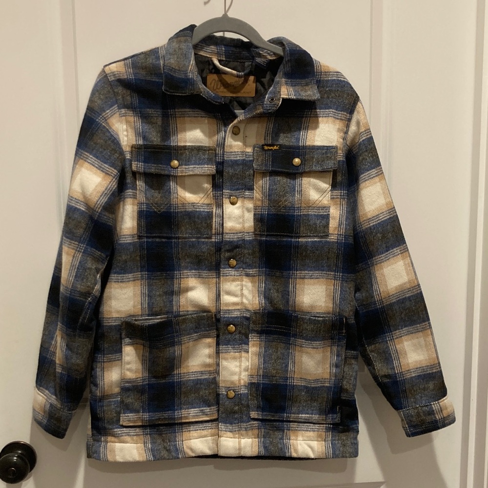 Youth XL Wrangler Blue and Cream Plaid Shirt Jacket